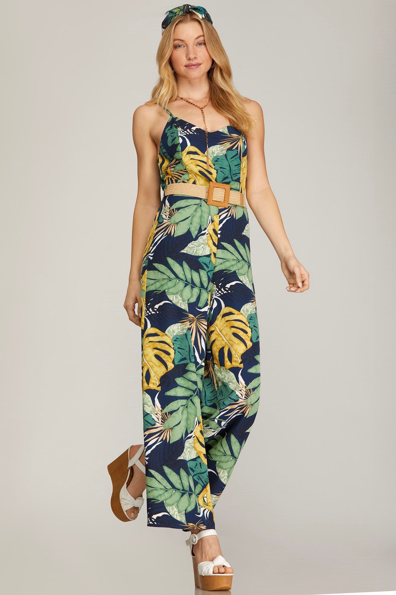 Cami Woven Tropical Print Jumpsuit w/Belt