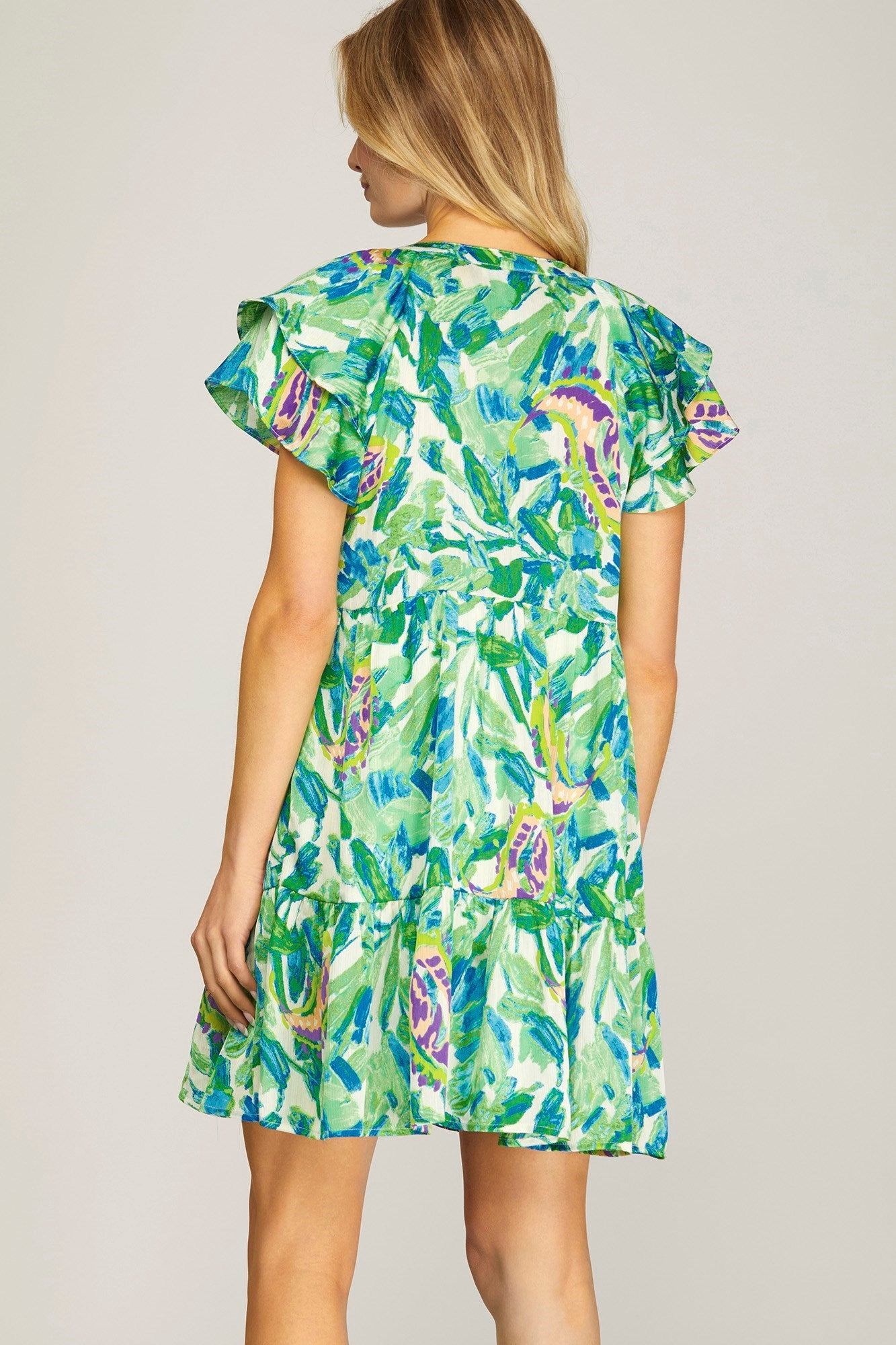 Sale Ruffle Sleeve Print V-Neck Dress