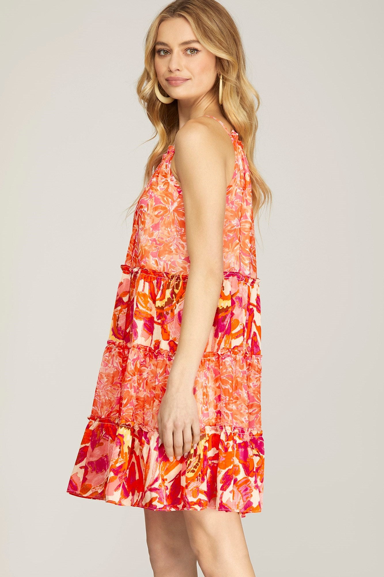 Cami Print Tiered Color Block Dress w/Back Tie