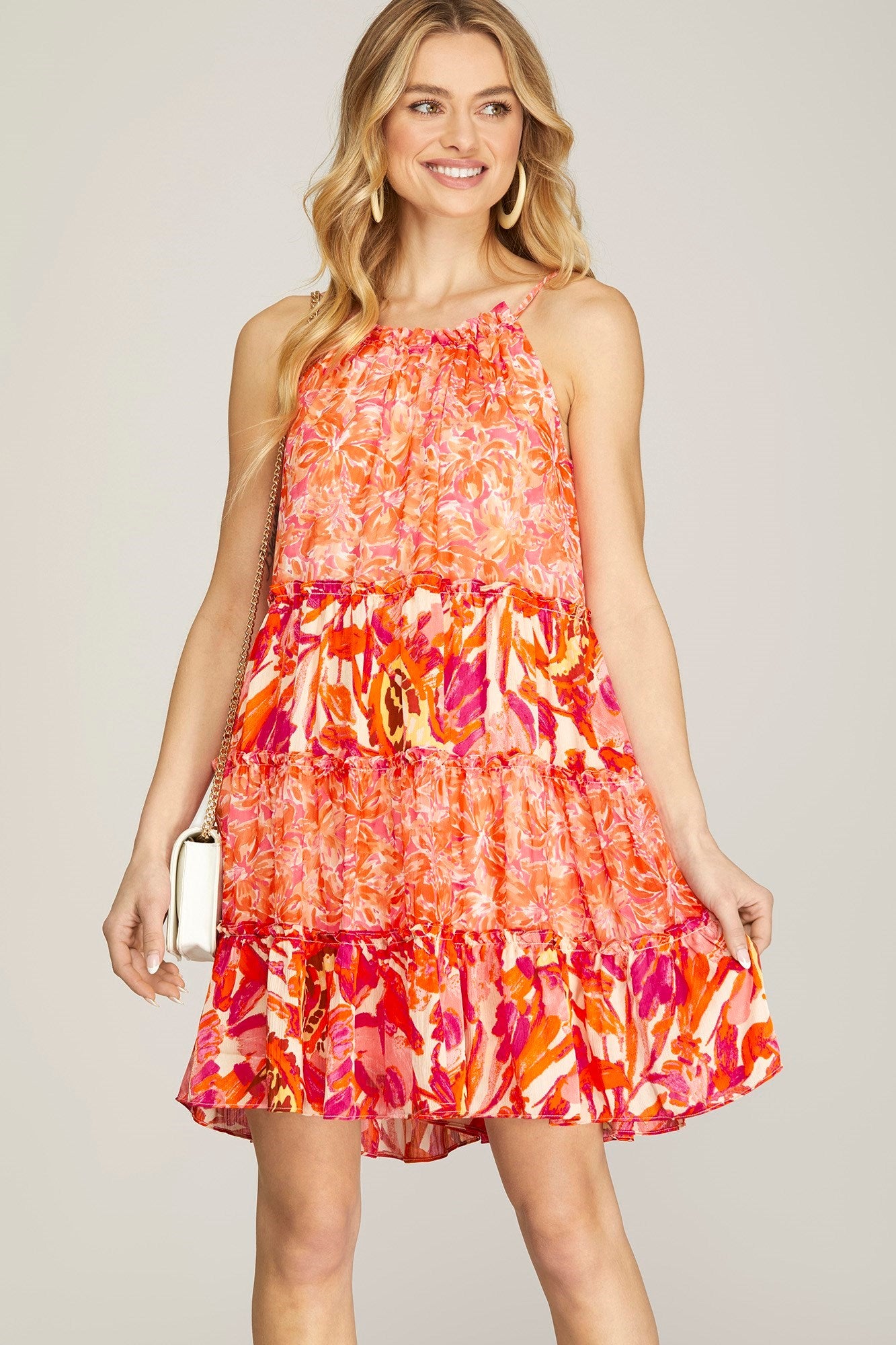 Cami Print Tiered Color Block Dress w/Back Tie