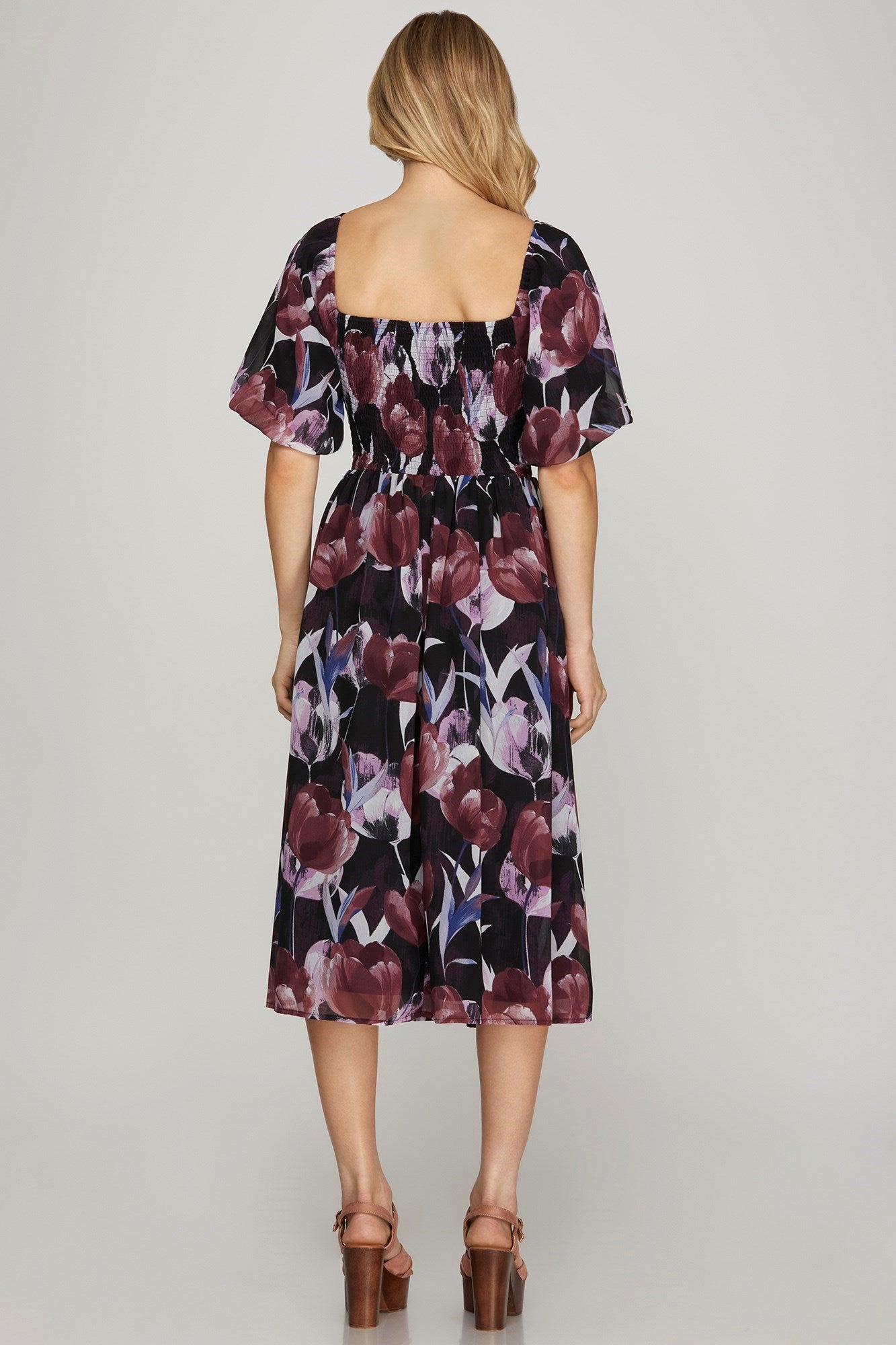 Puff Sleeve Smocked Top Floral Print Midi Dress