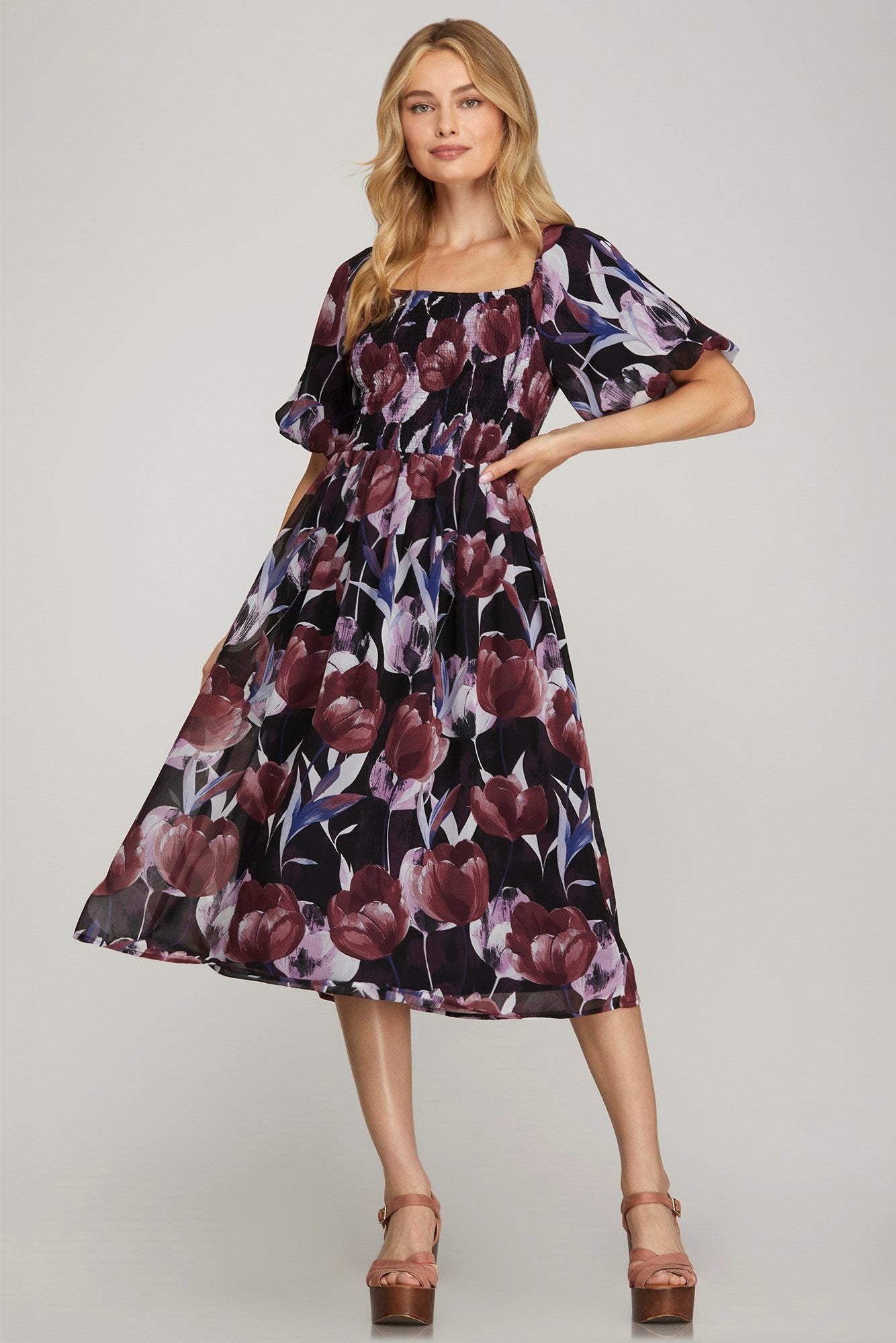 Puff Sleeve Smocked Top Floral Print Midi Dress
