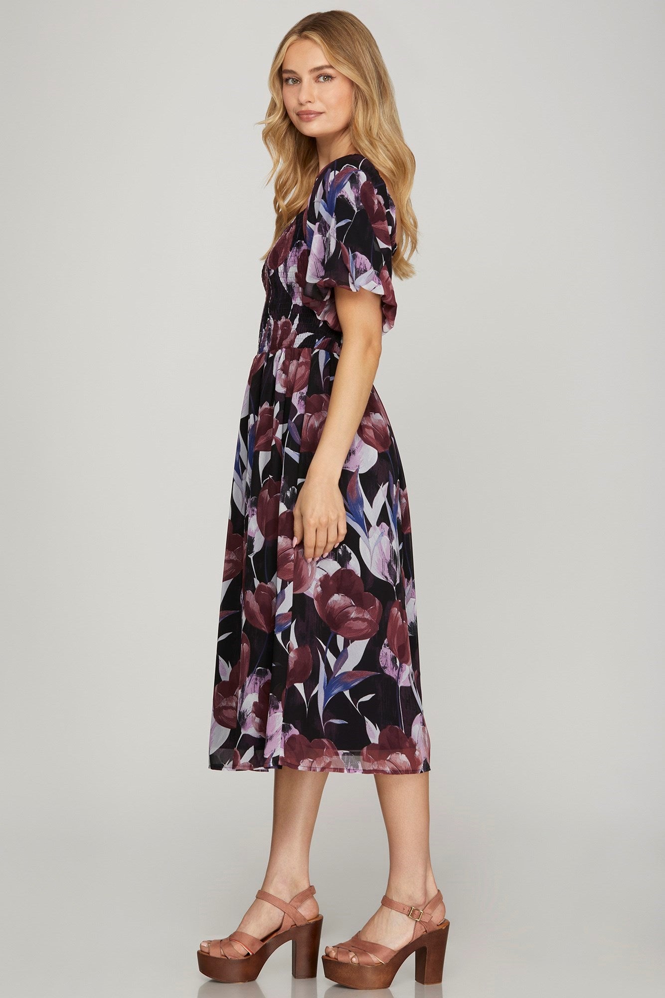 Puff Sleeve Smocked Top Floral Print Midi Dress