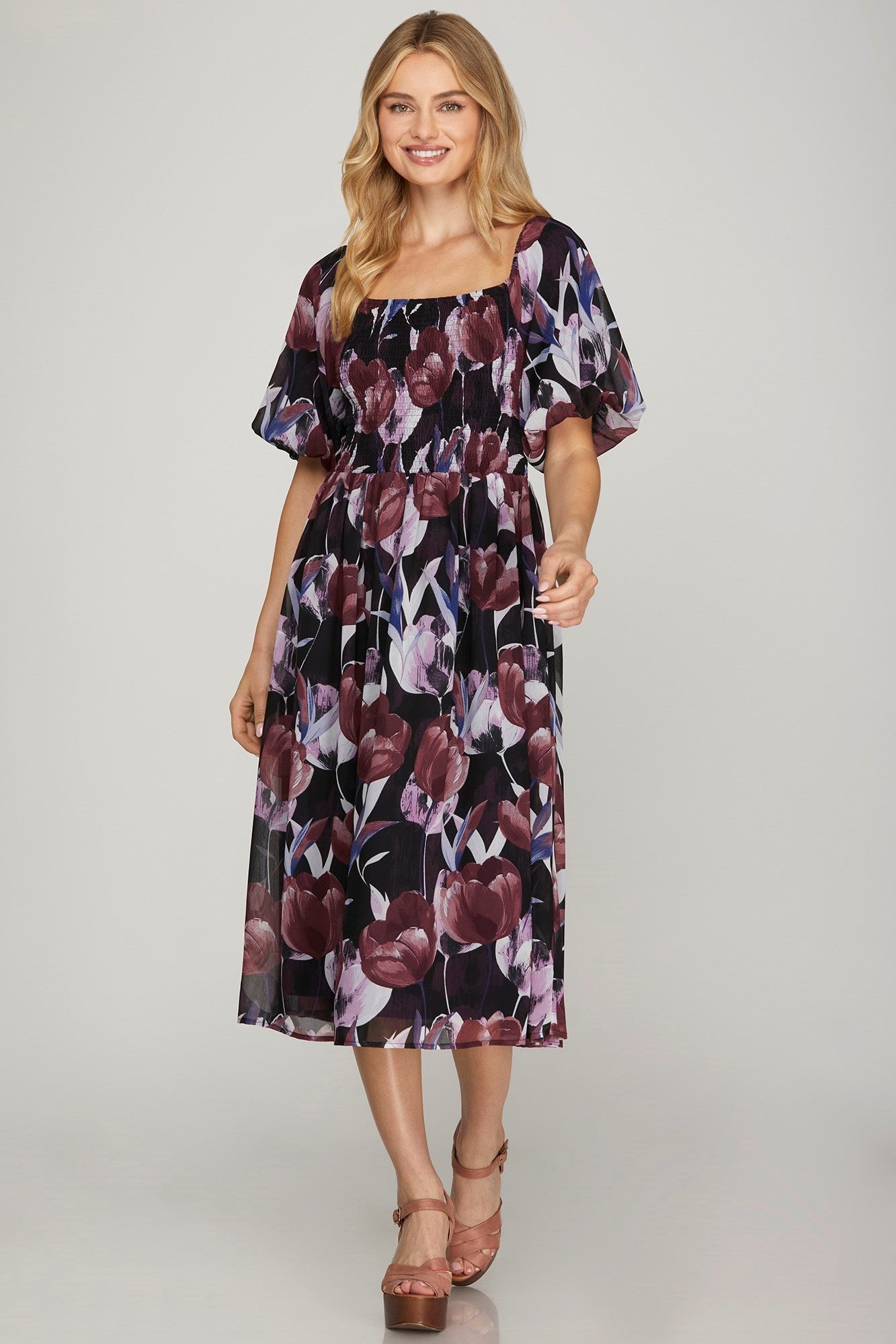 Puff Sleeve Smocked Top Floral Print Midi Dress