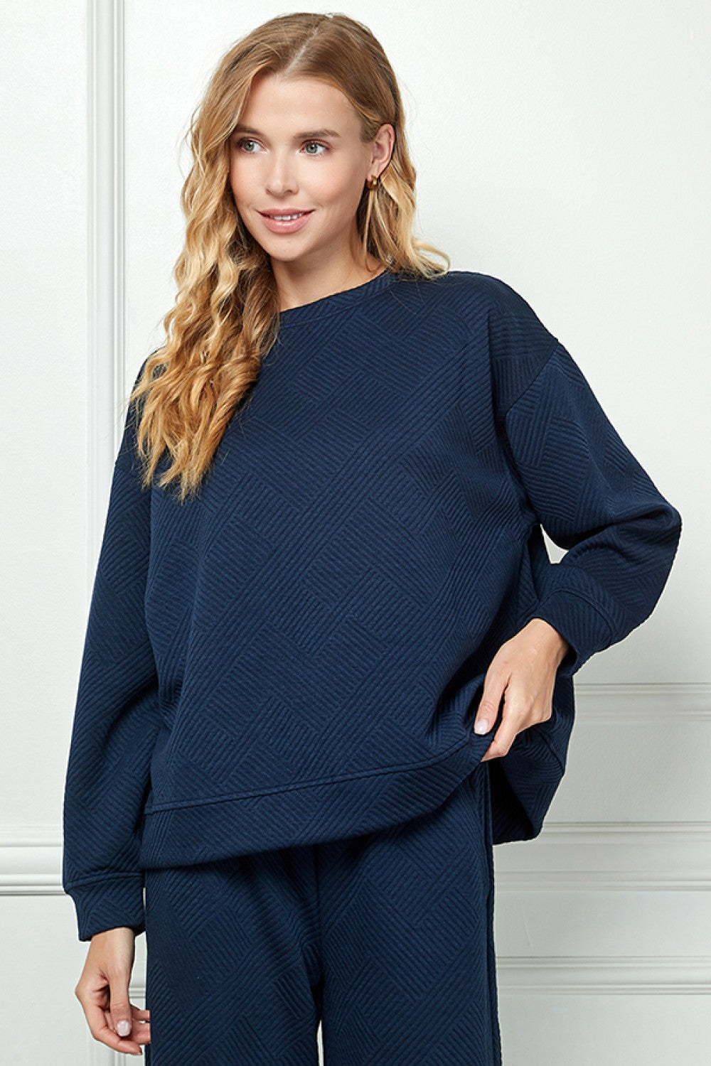 Long Sleeve Textured Sweatshirt Navy