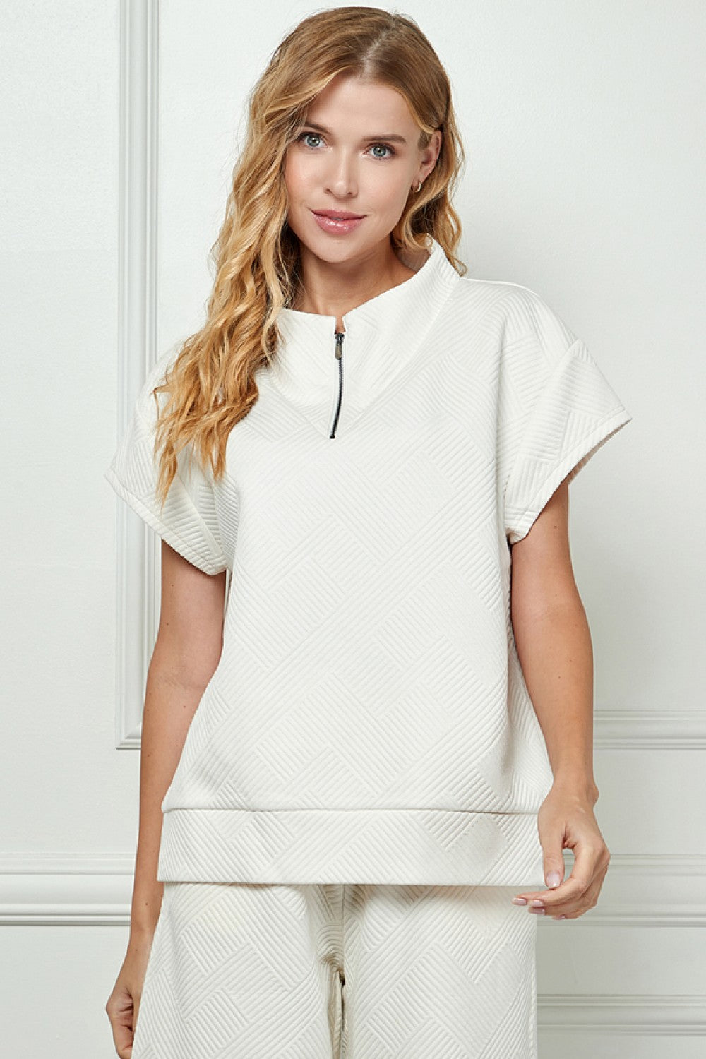Textured Half Zip Top Cream