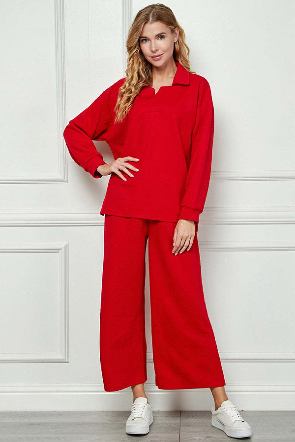 Long Sleeve Textured Collared Top Red