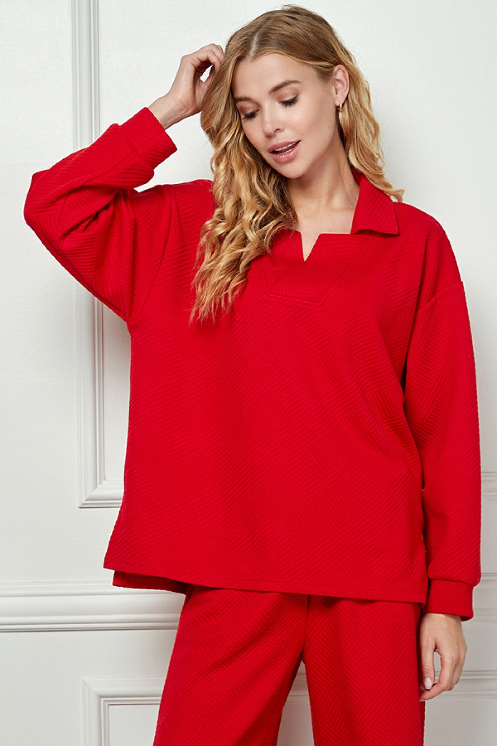 Long Sleeve Textured Collared Top Red