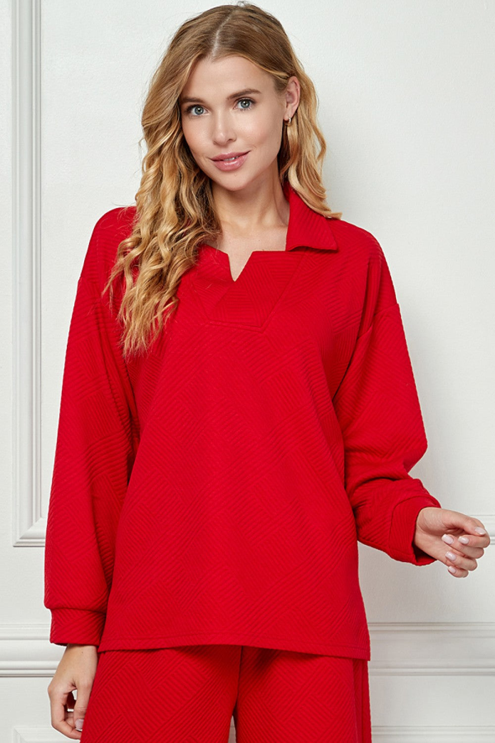 Long Sleeve Textured Collared Top Red