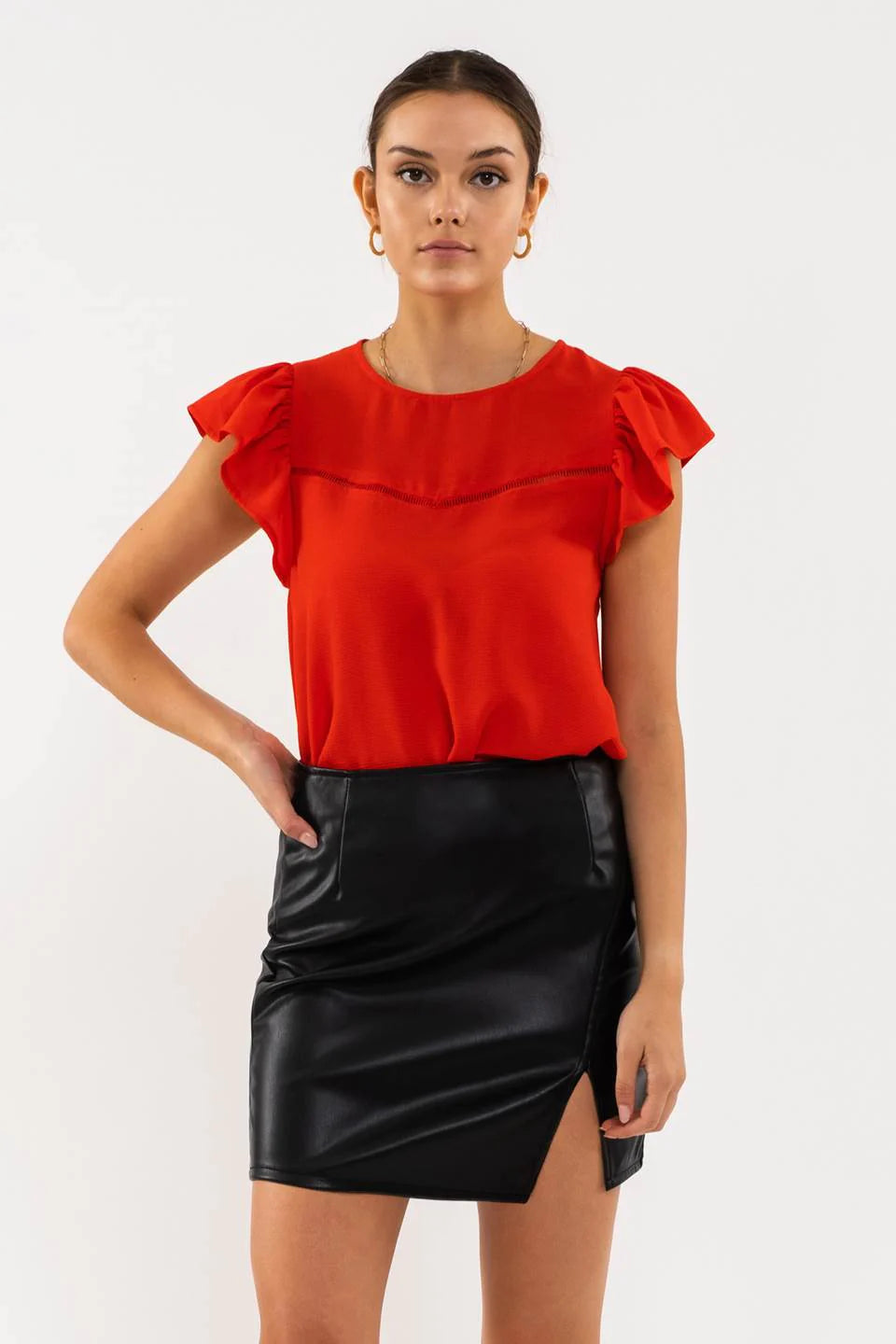 Sale Ruffle Sleeve Single Line Lace Inset Top Red