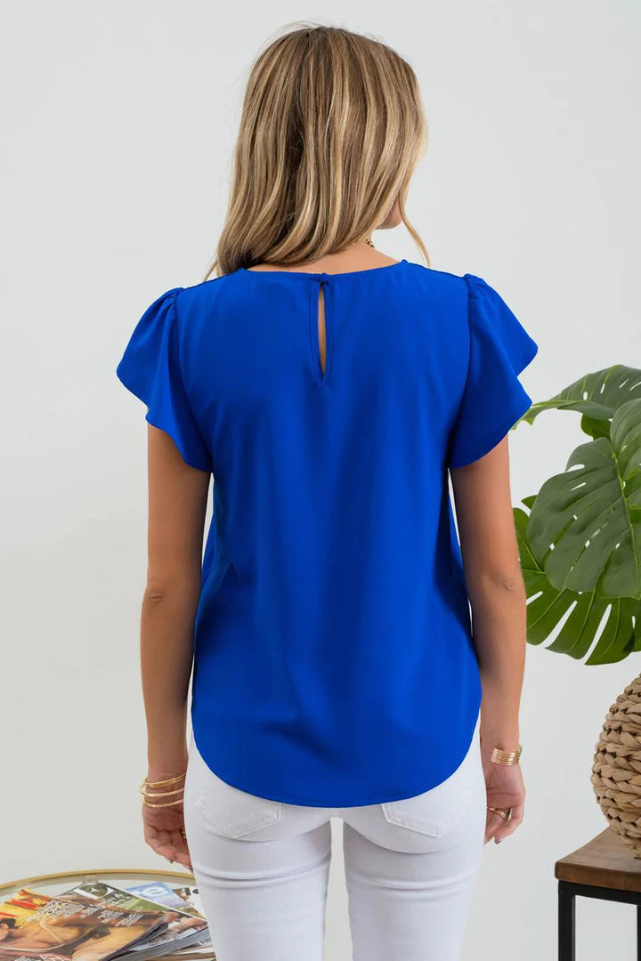 Sale Lace Shoulder Tab Short Sleeve Top Royal Blue
