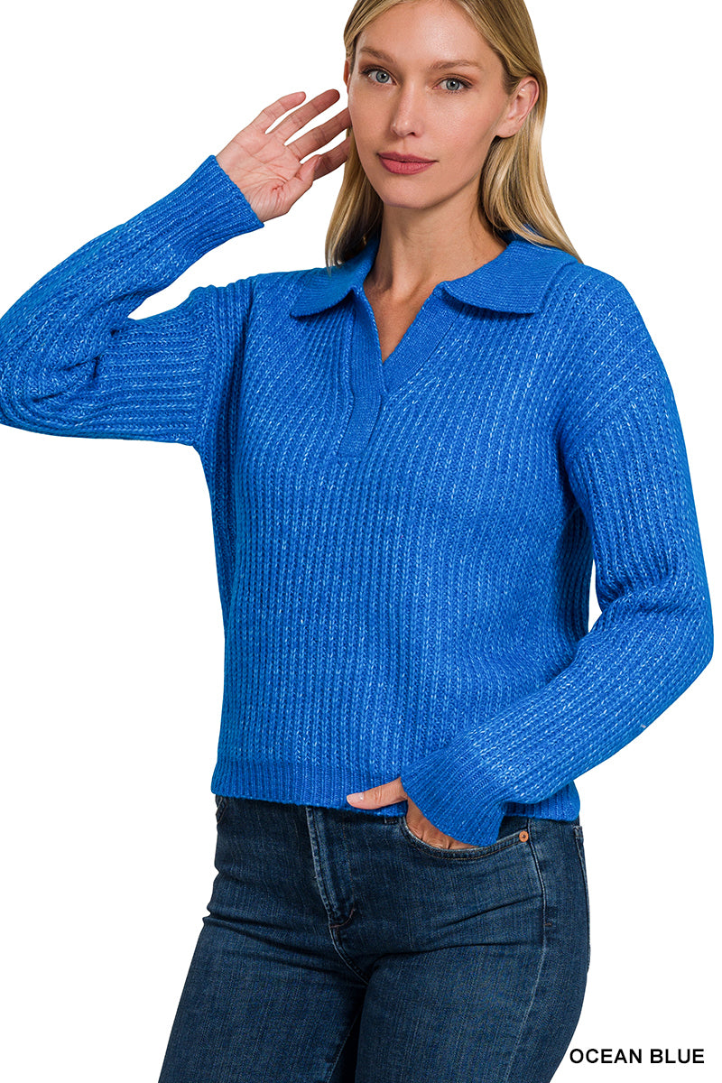Final Sale Melange Collared V-Neck Long Sleeve Sweater Ocean Blue
