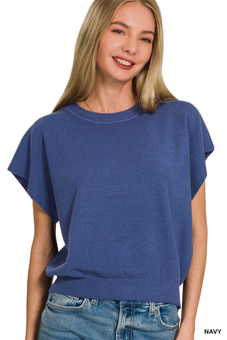 Viscose Round Neck Short Dolman Sleeve Sweater Navy