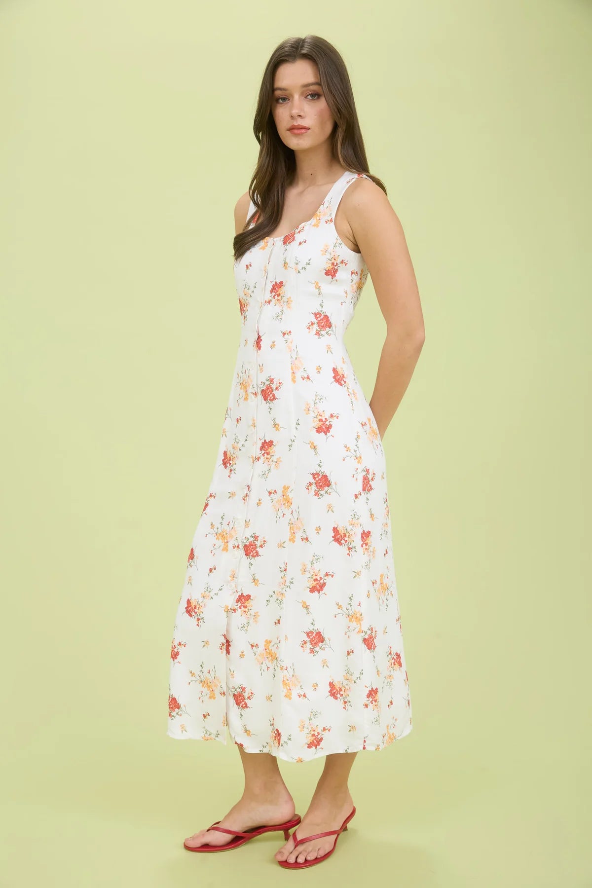 Final Sale Floral Button Down Sleeveless Midi Shirt Dress