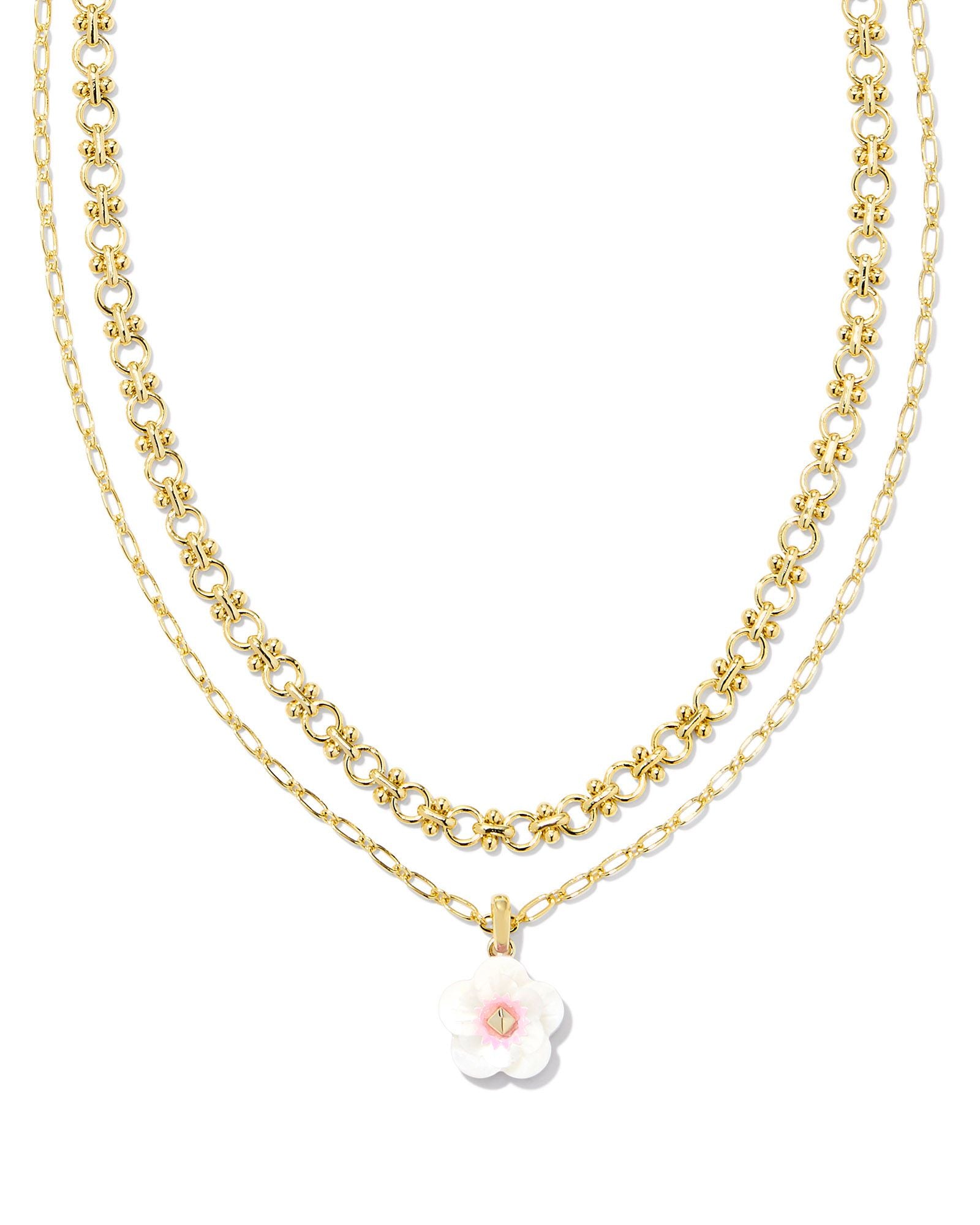 Deliah Gold Multi Strand Necklace Iridescent Pink White Mix
