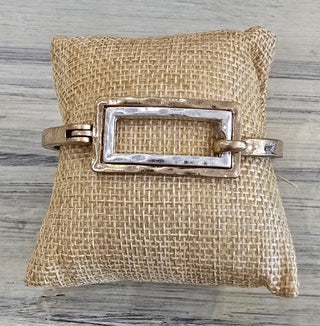 All That Glitz Jewelry - Bracelets Gold/Silver Hammered Two Tone Rectangle Hinged Bracelet