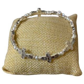 All That Glitz Jewelry - Bracelets Hammered Cross & Pearl Stretch Bracelet