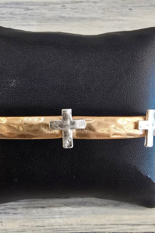 All That Glitz Jewelry - Bracelets Hammered Cross Stretch Bracelet Two-Tone