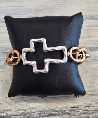 All That Glitz Jewelry - Bracelets Hammered Open Cross Stretch Bracelet Two-Tone