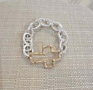All That Glitz Jewelry - Bracelets Hammered Open Gold Cross Stretch Bracelet Two-Tone
