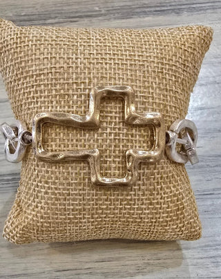 All That Glitz Jewelry - Bracelets Hammered Open Gold Cross Stretch Bracelet Two-Tone