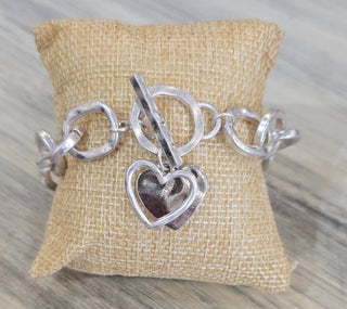 All That Glitz Jewelry - Bracelets Hammered Silver Chain Link w/Double Heart Toggle Bracelet