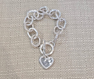 All That Glitz Jewelry - Bracelets Hammered Silver Chain Link w/Double Heart Toggle Bracelet