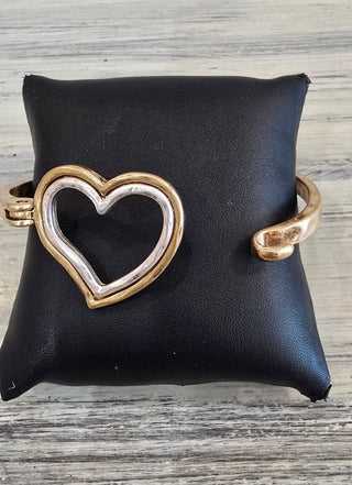 All That Glitz Jewelry - Bracelets Hammered Two Tone Heart Hinged Bracelet