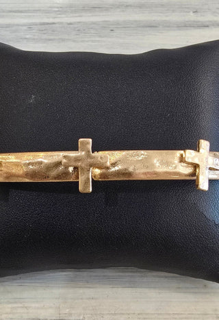 All That Glitz Jewelry - Bracelets Silver/Gold Hammered Cross Stretch Bracelet Gold