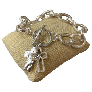 All That Glitz Jewelry - Bracelets Silver Hammered Chain Link w/Double Cross Toggle Bracelet