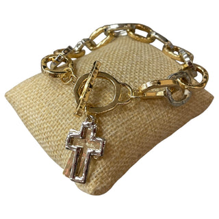 All That Glitz Jewelry - Bracelets Two-Tone Hammered Chain Link w/Double Cross Toggle Bracelet