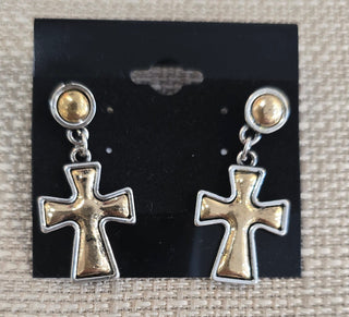 All That Glitz Jewelry - Earrings Cross Stud Two-Tone Earrings