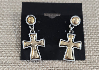 All That Glitz Jewelry - Earrings Cross Stud Two-Tone Earrings