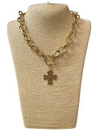 All That Glitz Jewelry - Necklaces Hammered Gold Link Necklace w/Cross Toggle