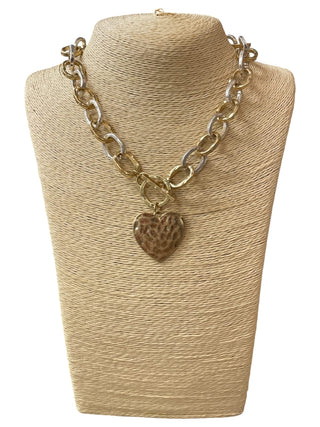 All That Glitz Jewelry - Necklaces Hammered Two-Tone Link Necklace Gold Heart Toggle