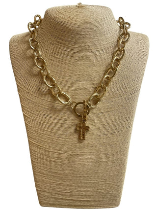 All That Glitz Jewelry - Necklaces Hammered Two Tone Link Necklace w/Double Cross Toggle