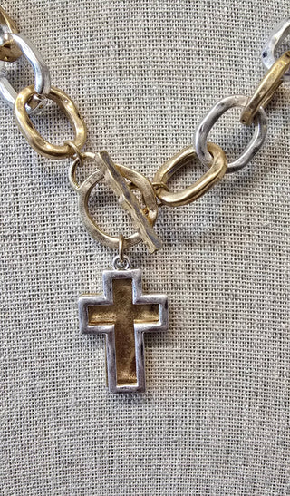 All That Glitz Jewelry - Necklaces Hammered Two Tone Link Necklace w/Double Cross Toggle