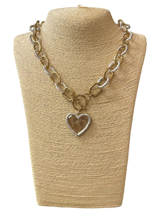 All That Glitz Jewelry - Necklaces Hammered Two Tone Link Necklace w/Double Heart Toggle