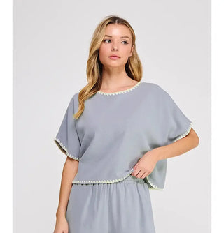 Allie Rose Bottoms - Pants Embroidered Soft Linen Elastic Waist Ankle Pants