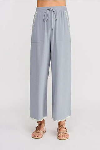 Allie Rose Bottoms - Pants Embroidered Soft Linen Elastic Waist Ankle Pants
