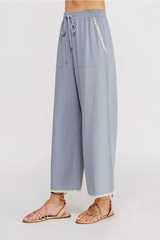 Allie Rose Bottoms - Pants Sm Embroidered Soft Linen Elastic Waist Ankle Pants