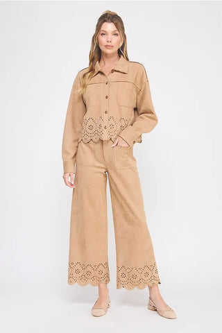 Allie Rose Bottoms - Pants Suede Laser Cut Wide Leg Pants