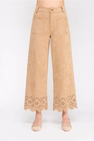Allie Rose Bottoms - Pants Suede Laser Cut Wide Leg Pants