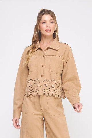 Allie Rose Outerwear - Jackets Sm Suede Shirt Jacket w/Border Laster Cut Details