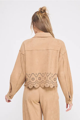 Allie Rose Outerwear - Jackets Suede Shirt Jacket w/Border Laster Cut Details