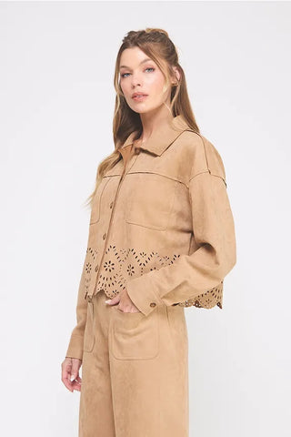 Allie Rose Outerwear - Jackets Suede Shirt Jacket w/Border Laster Cut Details