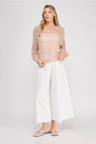 Allie Rose Tops - Sweaters Long Sleeve Open Weave Foil Knit Sweater Peach Silver