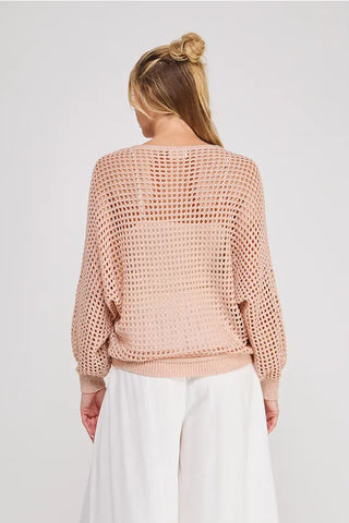 Allie Rose Tops - Sweaters Long Sleeve Open Weave Foil Knit Sweater Peach Silver