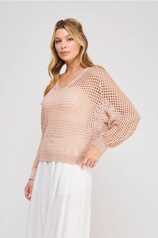 Allie Rose Tops - Sweaters Long Sleeve Open Weave Foil Knit Sweater Peach Silver