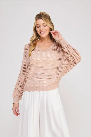 Allie Rose Tops - Sweaters Sm Long Sleeve Open Weave Foil Knit Sweater Peach Silver
